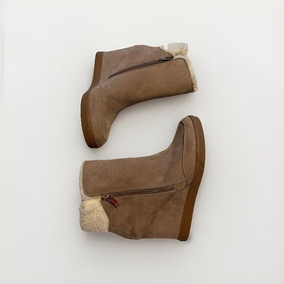 Unisa Wedge Tan Suede Ankle Winter Boots Women 8.5M Sherpa Lined Boho NEW - Picture 2 of 14